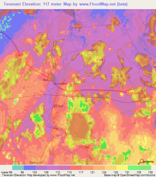 Tevenani,Latvia Elevation Map