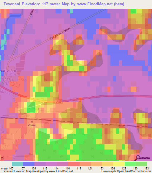 Tevenani,Latvia Elevation Map