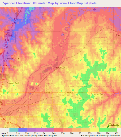 Spencer,US Elevation Map