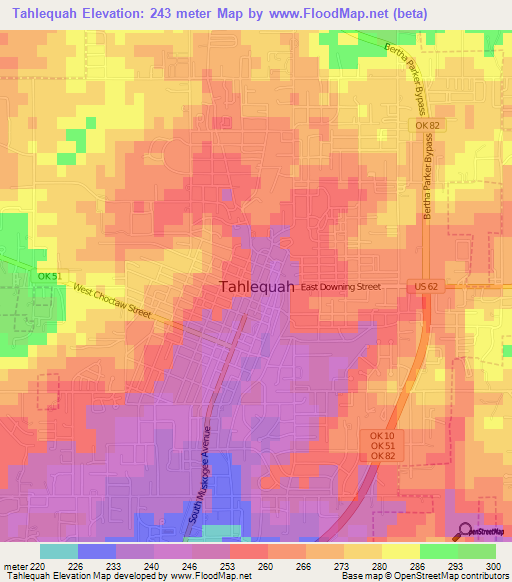 Tahlequah,US Elevation Map