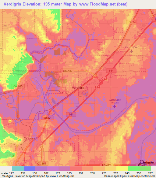 Verdigris,US Elevation Map