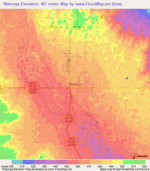 Watonga,US Elevation Map