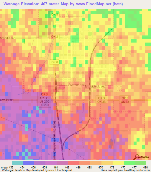 Watonga,US Elevation Map