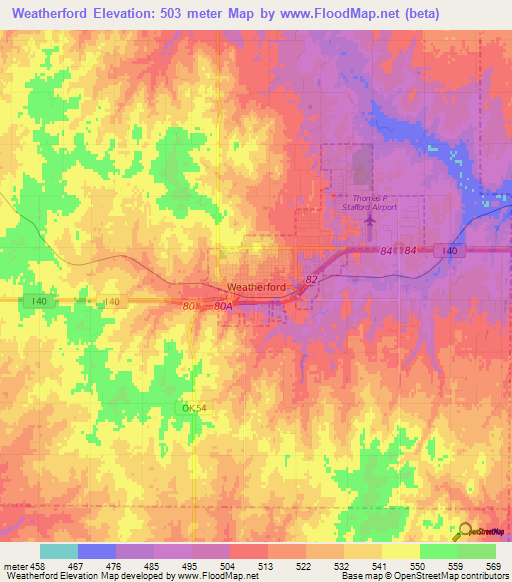 Weatherford,US Elevation Map