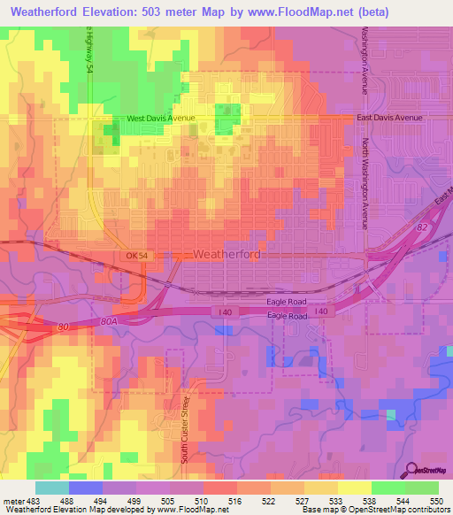 Weatherford,US Elevation Map