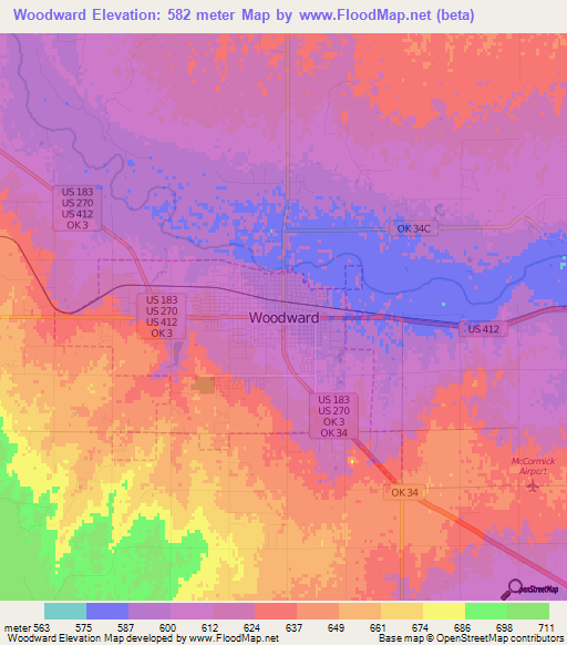 Woodward,US Elevation Map