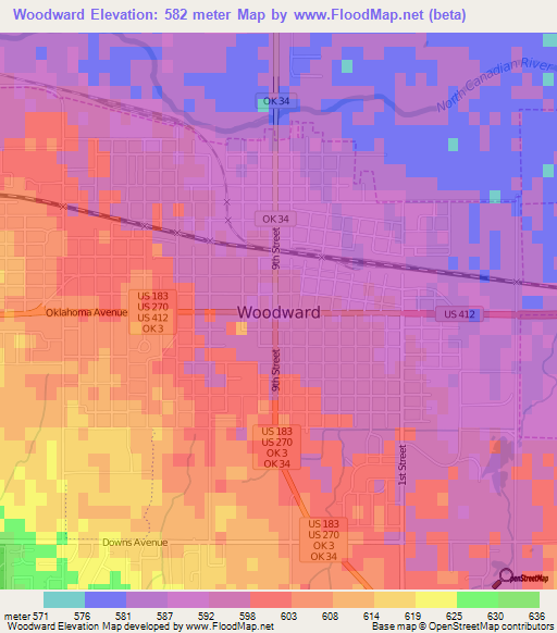 Woodward,US Elevation Map