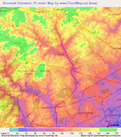 Broomall,US Elevation Map