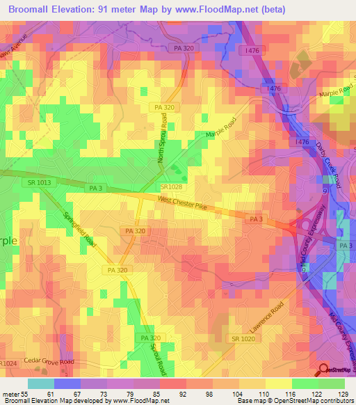 Broomall,US Elevation Map