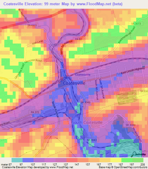 Coatesville,US Elevation Map