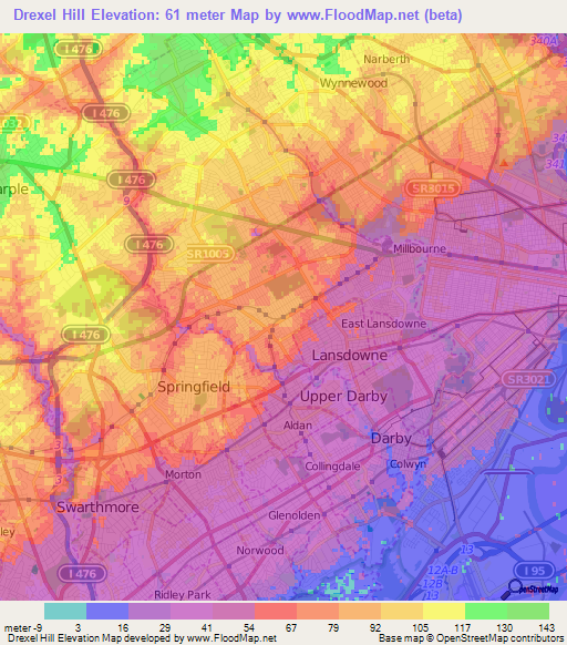 Drexel Hill,US Elevation Map