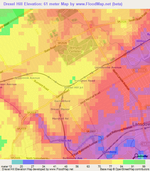 Drexel Hill,US Elevation Map