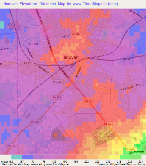 Hanover,US Elevation Map