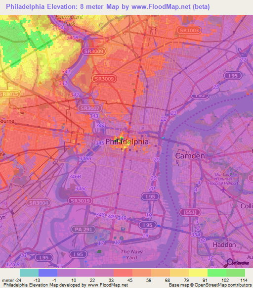 Philadelphia,US Elevation Map