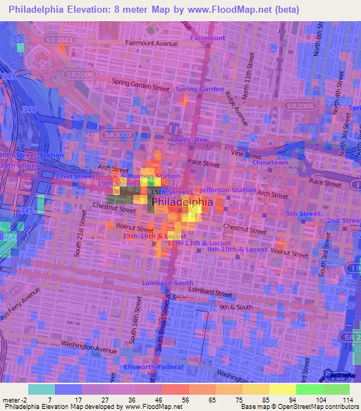 Philadelphia,US Elevation Map