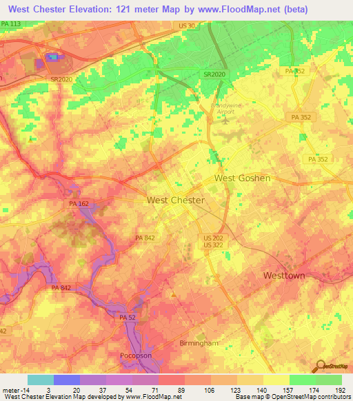 West Chester,US Elevation Map