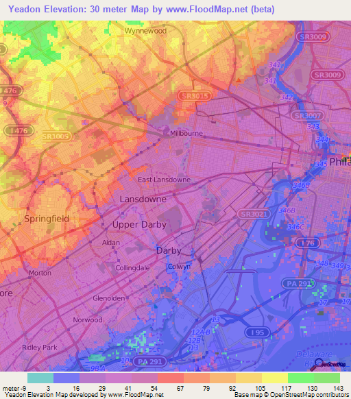 Yeadon,US Elevation Map