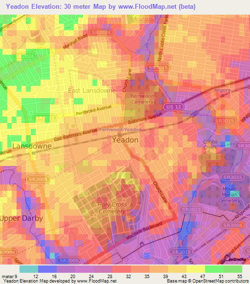 Yeadon,US Elevation Map