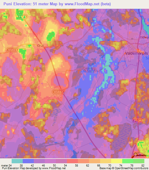 Puni,Latvia Elevation Map