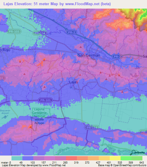 Lajas,Puerto Rico Elevation Map