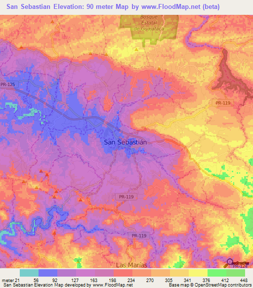 San Sebastian,Puerto Rico Elevation Map