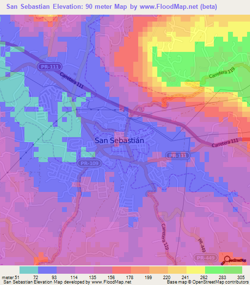 San Sebastian,Puerto Rico Elevation Map