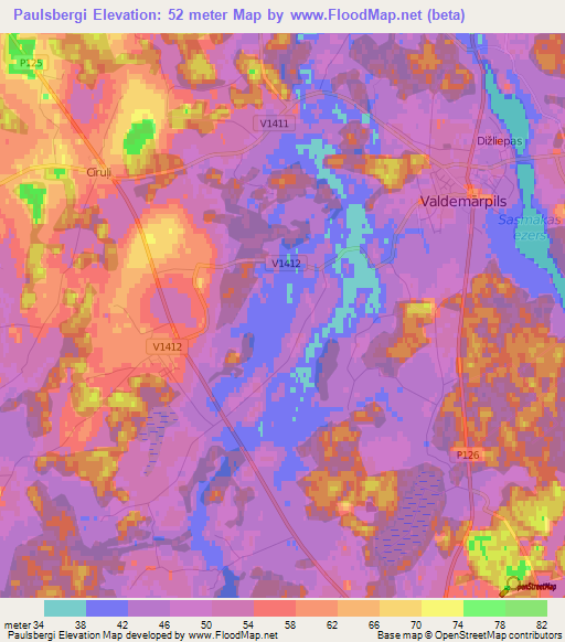 Paulsbergi,Latvia Elevation Map