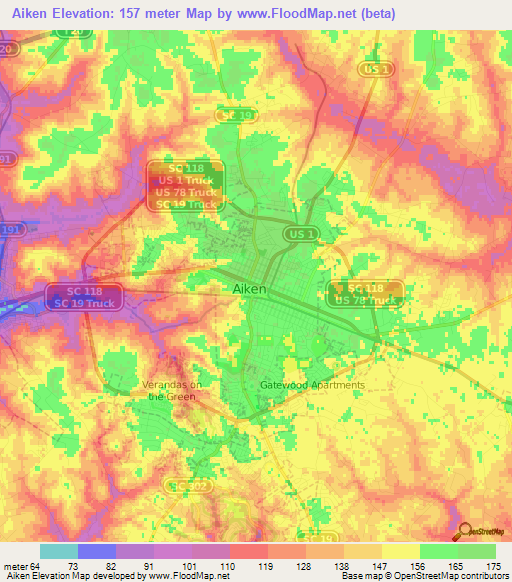 Aiken,US Elevation Map