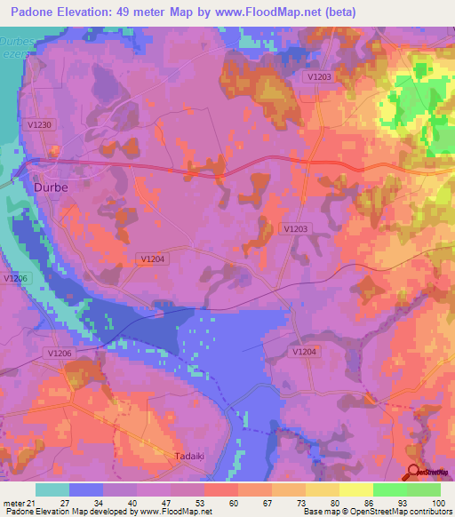 Padone,Latvia Elevation Map