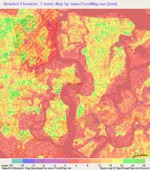 Beaufort,US Elevation Map