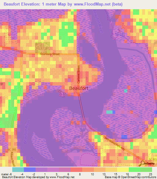 Beaufort,US Elevation Map