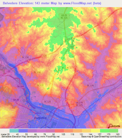 Belvedere,US Elevation Map