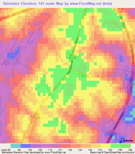 Belvedere,US Elevation Map