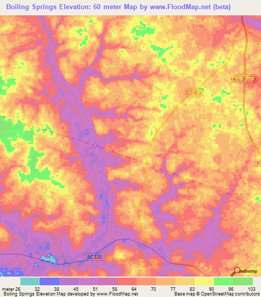 Boiling Springs,US Elevation Map