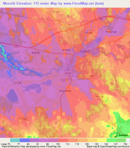 Mezvidi,Latvia Elevation Map