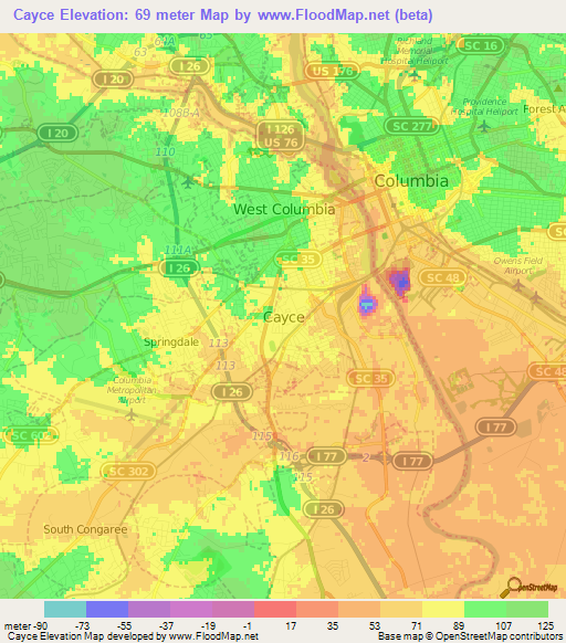 Cayce,US Elevation Map