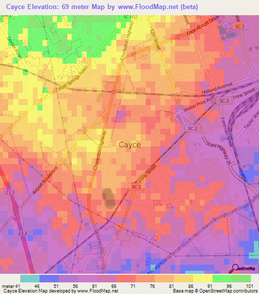 Cayce,US Elevation Map