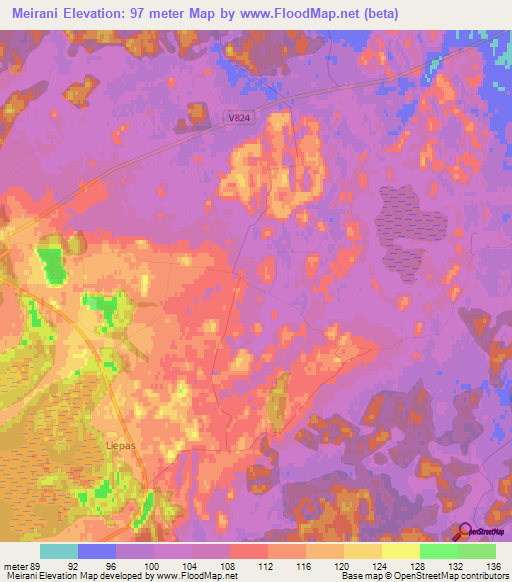 Meirani,Latvia Elevation Map