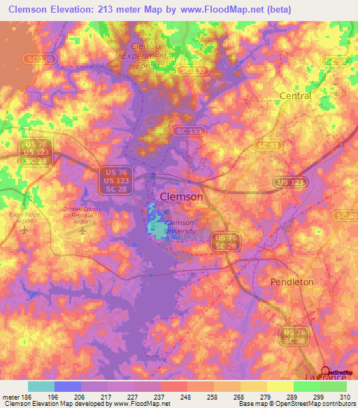 Clemson,US Elevation Map