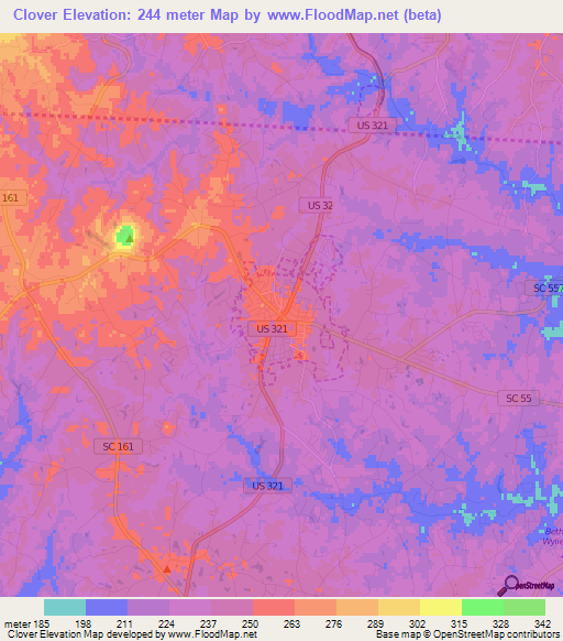 Clover,US Elevation Map