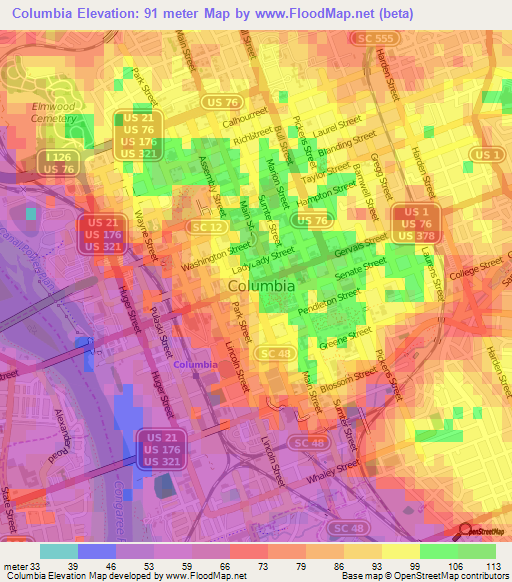 Columbia,US Elevation Map