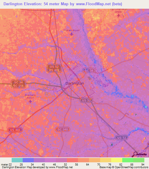 Darlington,US Elevation Map