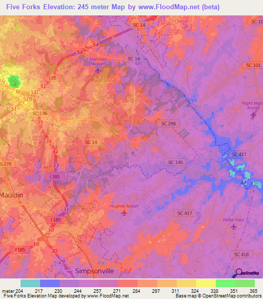 Five Forks,US Elevation Map