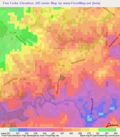 Five Forks,US Elevation Map