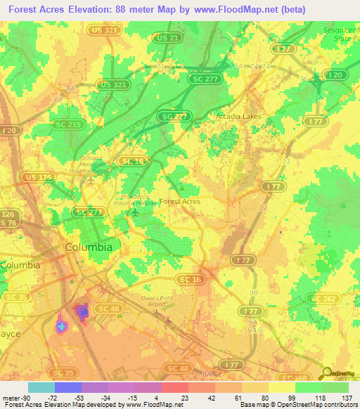 Forest Acres,US Elevation Map