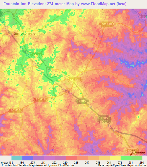 Fountain Inn,US Elevation Map