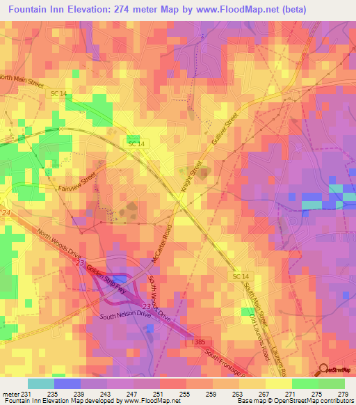 Fountain Inn,US Elevation Map