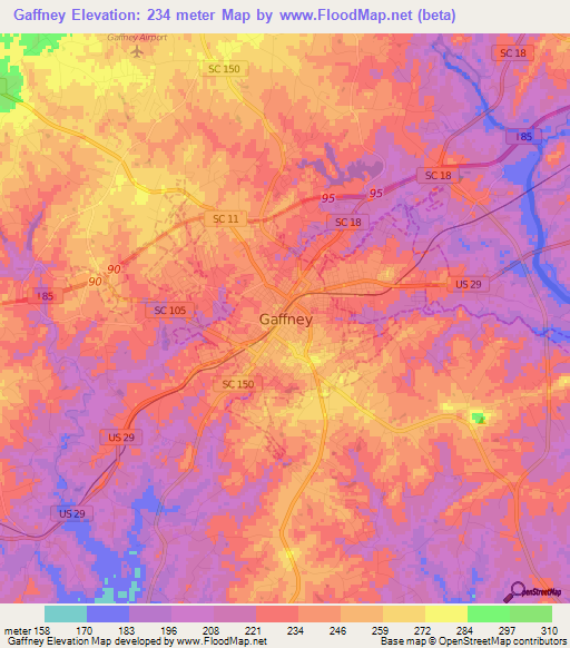 Gaffney,US Elevation Map