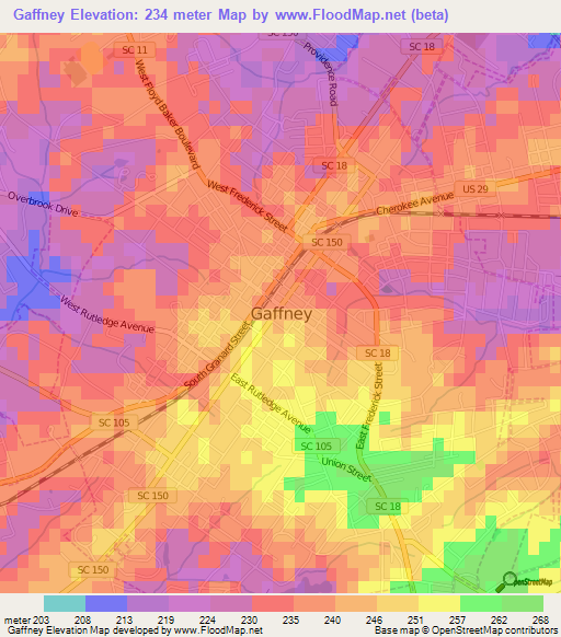 Gaffney,US Elevation Map