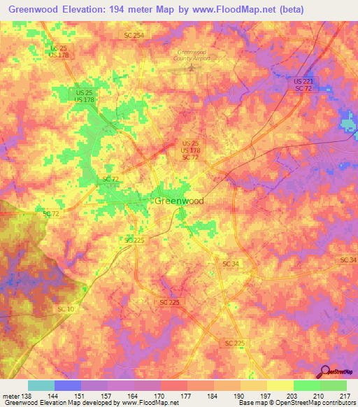 Greenwood,US Elevation Map